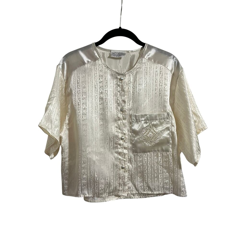 Val Mode Vintage Ivory Satin Cottage Crop Stripe Button Up Sleep Shirt Sz S